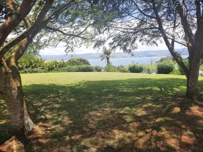 a green field with trees and a view of the water at TOP RATED - Stunning Lake Arenal 2 Bed Country House in Tronadora