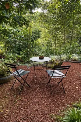 two chairs and a table and a table and two chairs at Jungle Cabin w Pool & Nature Trails in Venecia