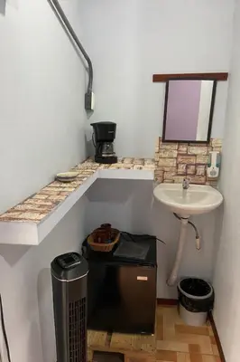 a small bathroom with a sink and a counter with a sink at Jungle Cabin w Pool & Nature Trails in Venecia