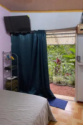 a bedroom with a bed and a window with plants at Jungle Cabin w Pool & Nature Trails in Venecia