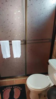 a bathroom with a shower with a toilet and towels at El Descanso Restaurante y Hotel in Fraijanes