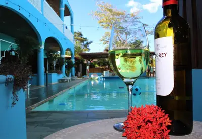 a glass of wine next to a bottle of wine at Toro Blanco in Coco