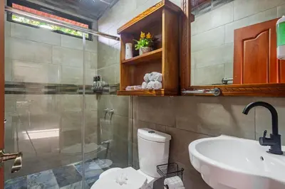a bathroom with a toilet and a sink and a shower at Kaluma Villas in San Ramón