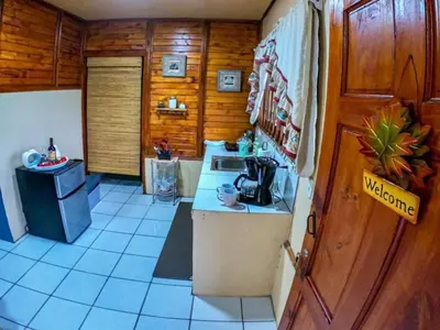a small kitchen with a sink and a stove at Cabañas del Norte in Fortuna