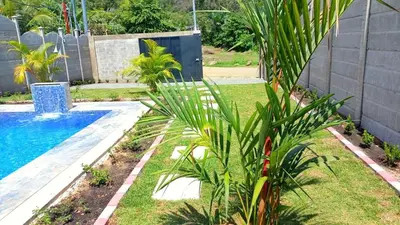 a garden with a swimming pool and a palm tree at Casa Bahía Ale, Bahía Ballena Uvita in Uvita