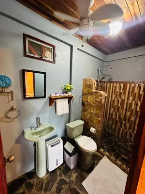 a bathroom with a sink and a toilet and a shower at Jungles Edge Hotel, Jiu Jitsu, Muay Thai Retreat Center in Nosara