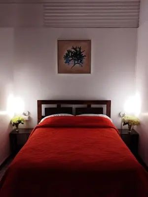 a bedroom with a red bed with two lamps at Casa Aldea Hotel Bed & Breakfast in San José