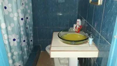 a bathroom with a sink with a glass bowl at Hotel La Uvita in Puerto Limón