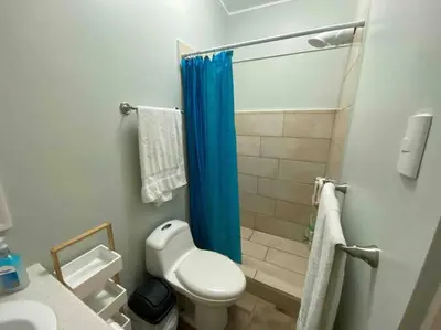 a bathroom with a toilet and a blue shower curtain at Beach Bliss - 1BR Villa with Pool 2 blocks from ocean in Jacó