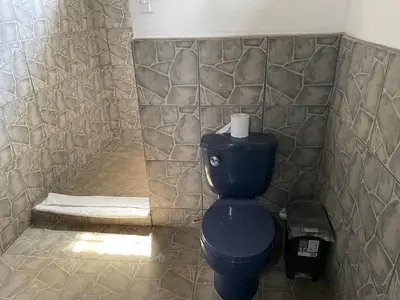a bathroom with a blue toilet and a stone wall at Granja Integral Luz Del Corazon in Rincón de la Cruz