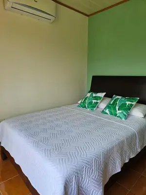 a bedroom with a white bed with two green pillows at Volcano View Apartments in Fortuna