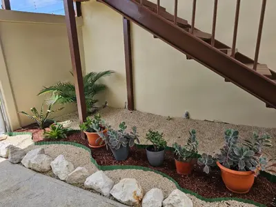 a bunch of potted plants sitting on a balcony at Volcano View Apartments in Fortuna
