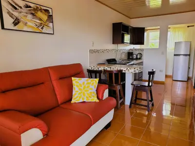 a living room with a couch and a kitchen at Volcano View Apartments in Fortuna