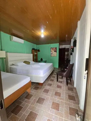 a room with two beds and a chair in it at Tortuguero Hill Rooms in Tortuguero