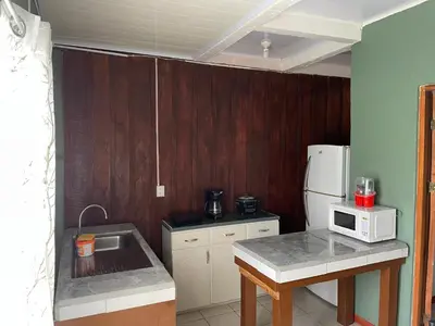 a kitchen with a sink and a white refrigerator at Big Sloth Apartment in Fortuna