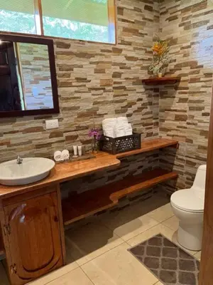 a bathroom with a sink and a toilet at Siquirres Mountain Lodge in Siquirres