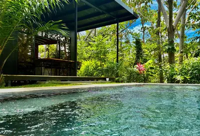 a swimming pool in front of a house at Cabaña Grande océan and jungle Infinity swim pool in Santa Teresa Beach