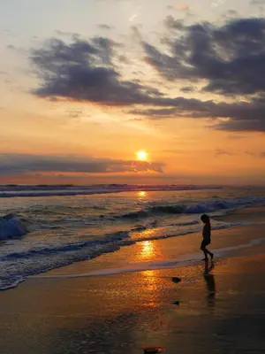 a person walking on the beach at sunset at Maoritsio Garden Studios in Santa Teresa Beach