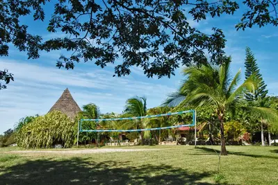 a goal in a park with palm trees and a building at Guacamaya Lodge in Paraíso