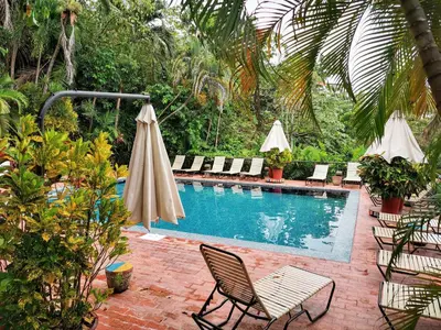 a swimming pool with chairs and umbrellas in a resort at Hotel Costa Verde in Manuel Antonio
