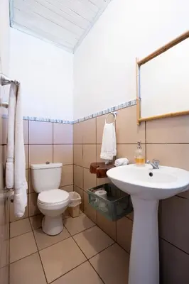 a bathroom with a toilet and a sink at Hotel Punta Descartes in La Cruz