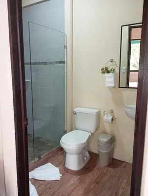 a bathroom with a toilet and a glass shower at The Secret Eco Lodge in Tortuguero