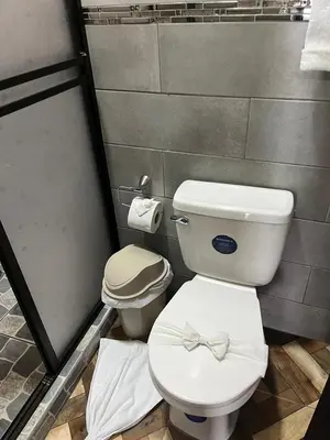 a bathroom with a toilet with a bow on it at The Secret Eco Lodge in Tortuguero