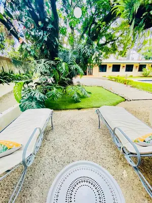 two beds in a courtyard with a tree at Hotel Mango Airport in Alajuela City