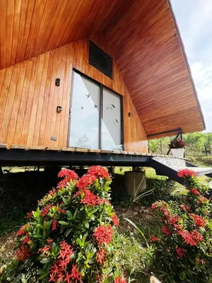 a house with a large window and some flowers at Myra Chalets in Bijagua