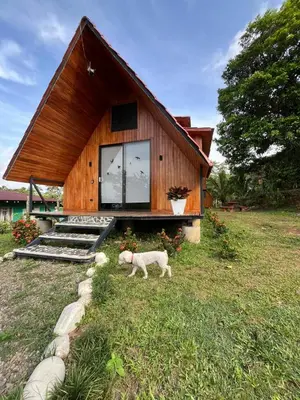 a small house with a sheep statue in front of it at Myra Chalets in Bijagua