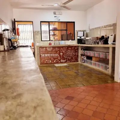 a large room with a counter and a kitchen at Casa Pura Vida Surf Hostel - Tamarindo Costa Rica in Tamarindo