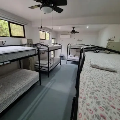 a room with three bunk beds and a ceiling at Casa Pura Vida Surf Hostel - Tamarindo Costa Rica in Tamarindo