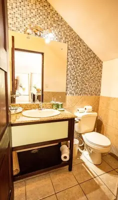 a bathroom with a toilet and a sink and a mirror at Condo Pacifico in Quepos