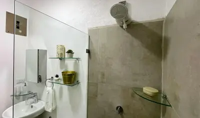 a bathroom with a shower and a toilet and a sink at Casa Bambu céntrico, lindo y acogedor con A C in General Viejo