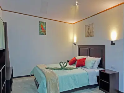 a bedroom with a bed with red pillows at Monteverde Magic Mountain in Monteverde Costa Rica