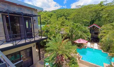 an aerial view of a house with a swimming pool at Suite La Orquidea in Tamarindo