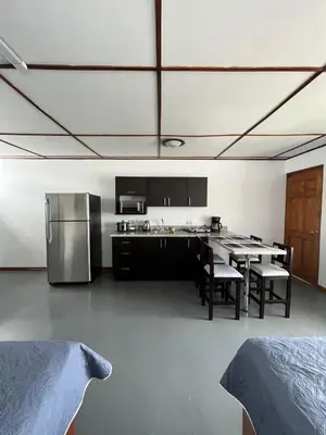 a kitchen with a table and a stainless steel refrigerator at MARIO in Alajuela City