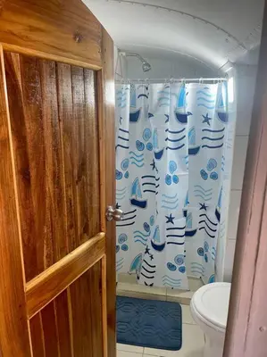 a bathroom with a toilet and a shower curtain at CasaBus beautiful bus dept. 50m from beach in Santa Cruz