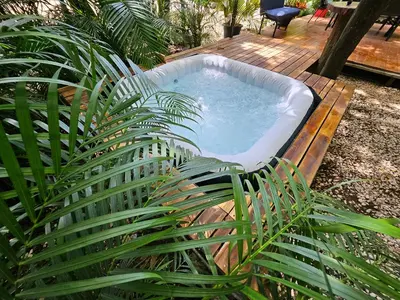 a hot tub sitting on a wooden deck with a plant at CasaBus beautiful bus dept. 50m from beach in Santa Cruz