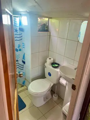 a small bathroom with a toilet and a sink at CasaBus beautiful bus dept. 50m from beach in Santa Cruz