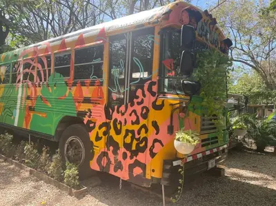 a bus covered in graffiti parked in a yard at CasaBus beautiful bus dept. 50m from beach in Santa Cruz
