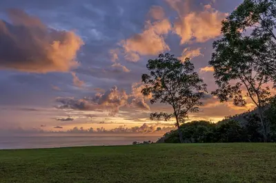 a field with two trees and a cloudy sky at The Garden Casitas by Vista Celestial in Uvita