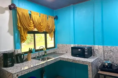 a kitchen with a sink and a microwave on a counter at Casa Montaña & Spa Pital de San Carlos Costa Rica in Pital
