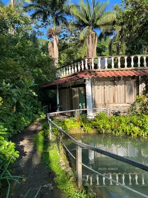 a small house with a pond in front of it at Botanica Gardens and Eco Lodge in San Gerardo