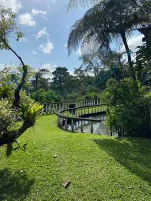 a bridge in a park with a grassy field at Botanica Gardens and Eco Lodge in San Gerardo