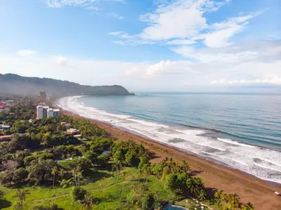 an aerial view of a beach with trees and the ocean at Hostel de Haan in Jacó