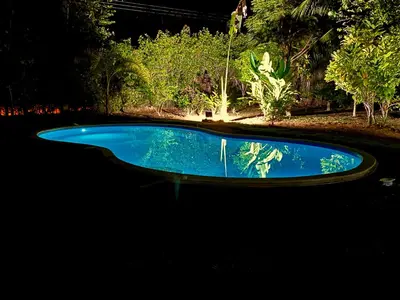 a small pool of blue water in a yard at Uvita Oasis Retreat with Villa Apt Bungalows Cabin in Uvita