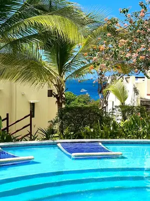 a swimming pool with a view of the ocean at The Castaway in Coco