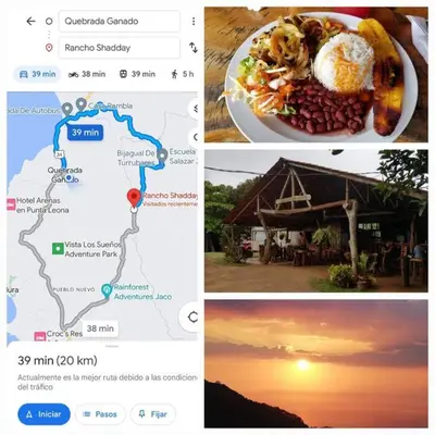 a collage of photos of a meal and a map at Villa Chungos in Quebrada Ganado