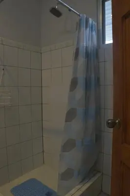 a shower with a blue and white shower curtain at Organic Garden in San José